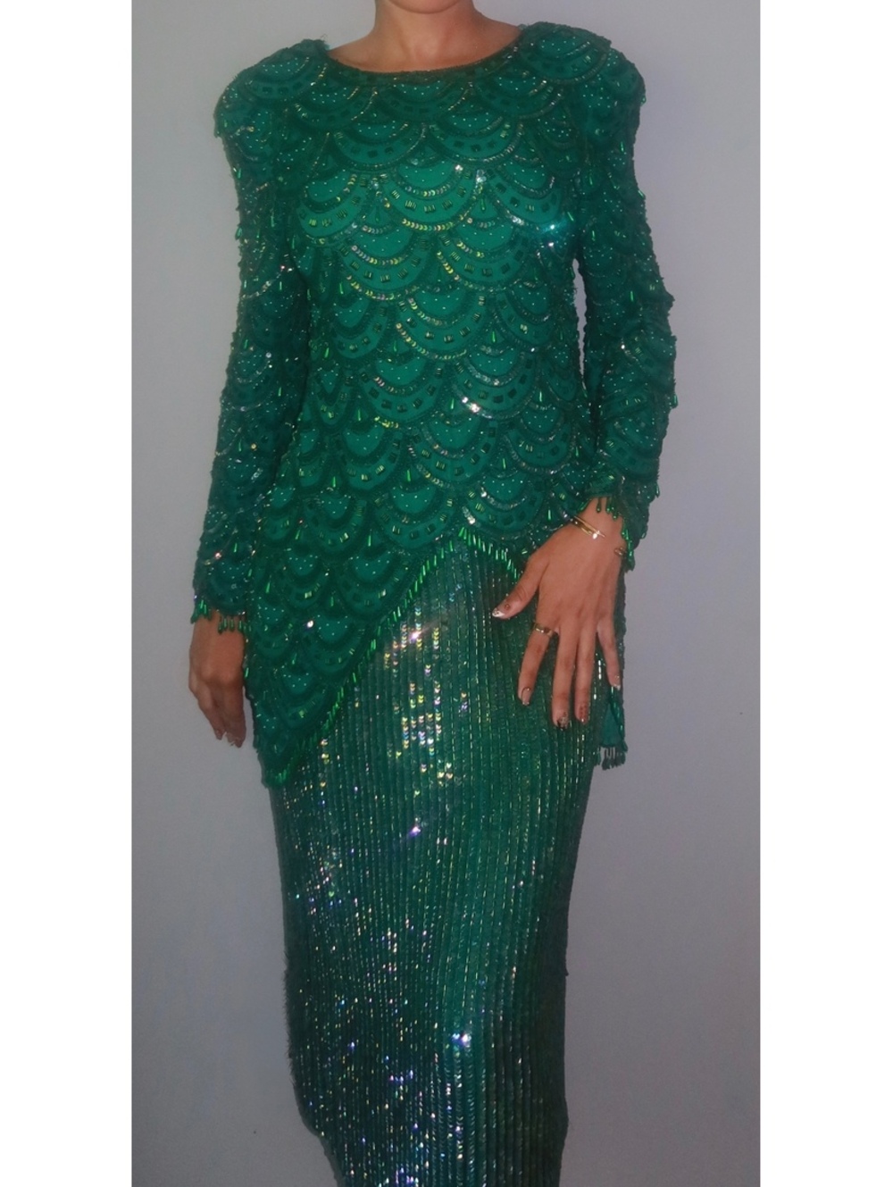 Vintage 1980s Emerald Green Hand Beaded Pure Silk Evening Gown
